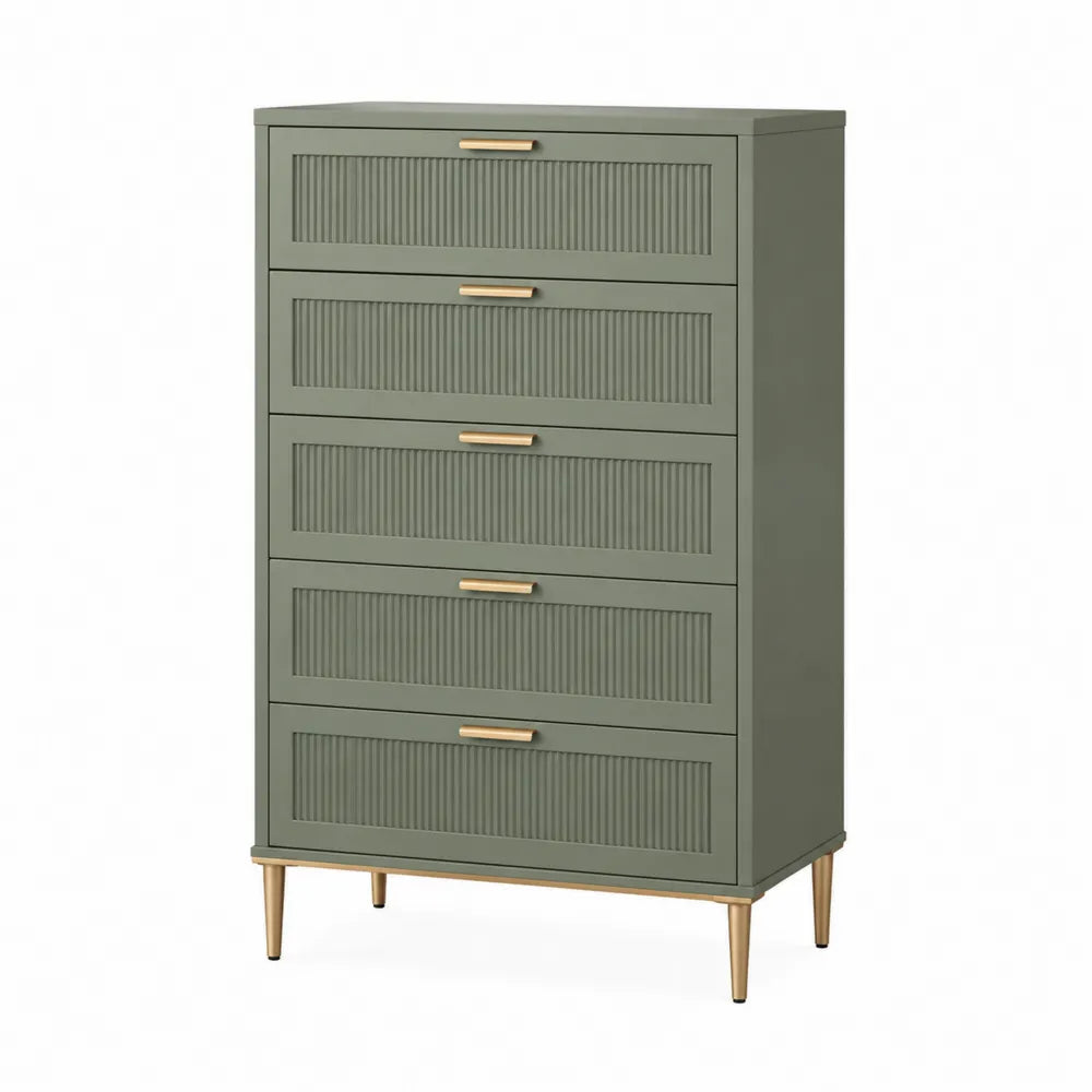 Cassettiera 5 cassetti in MDF verde oliva con gambe in metallo dorato 80 x 40 x 120 cm