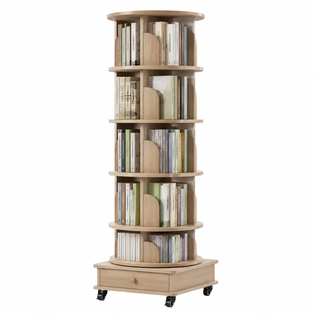Libreria girevole cilindrica su ruote in MDF effetto rovere chiaro con ripiani multipli e cassetto 60 x 60 x 175 cm
