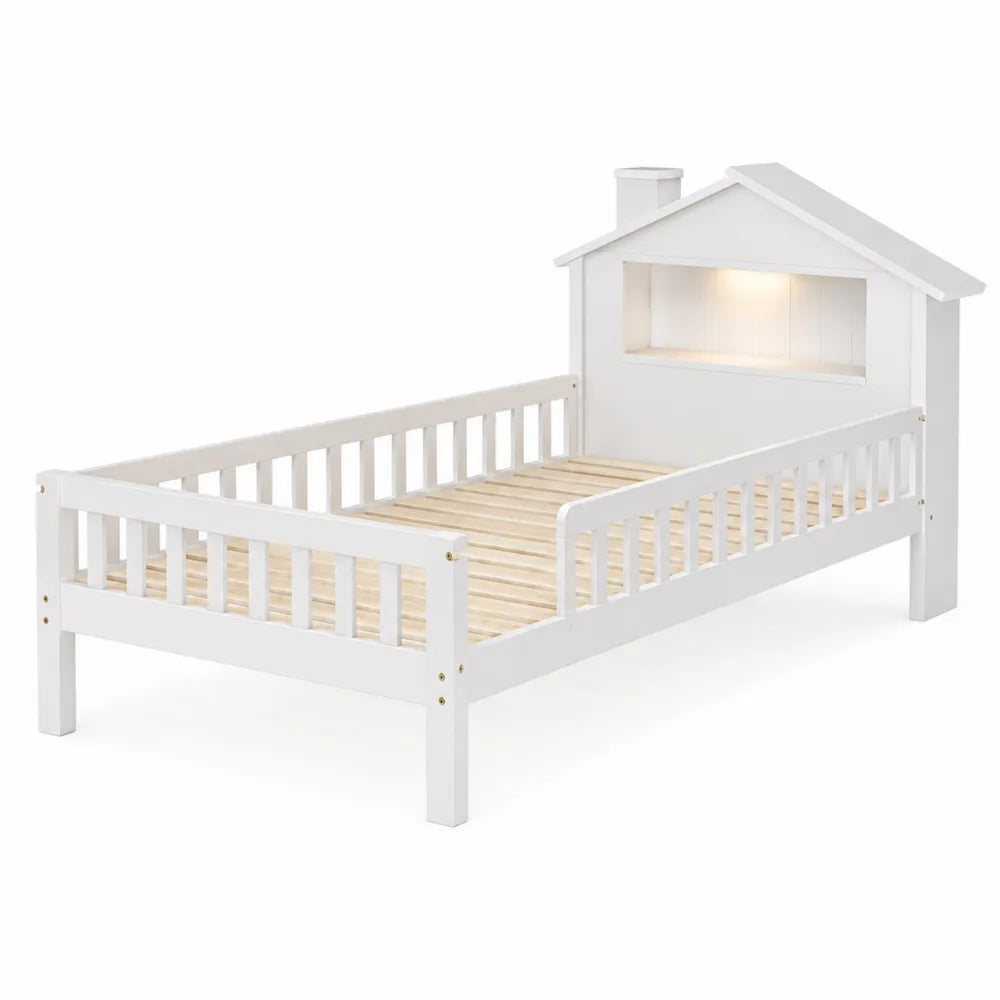 Letto per bambini a casetta in legno di pino e MDF bianco con rete a doghe 90 x 200 cm con testiera con mensola e luce integrata