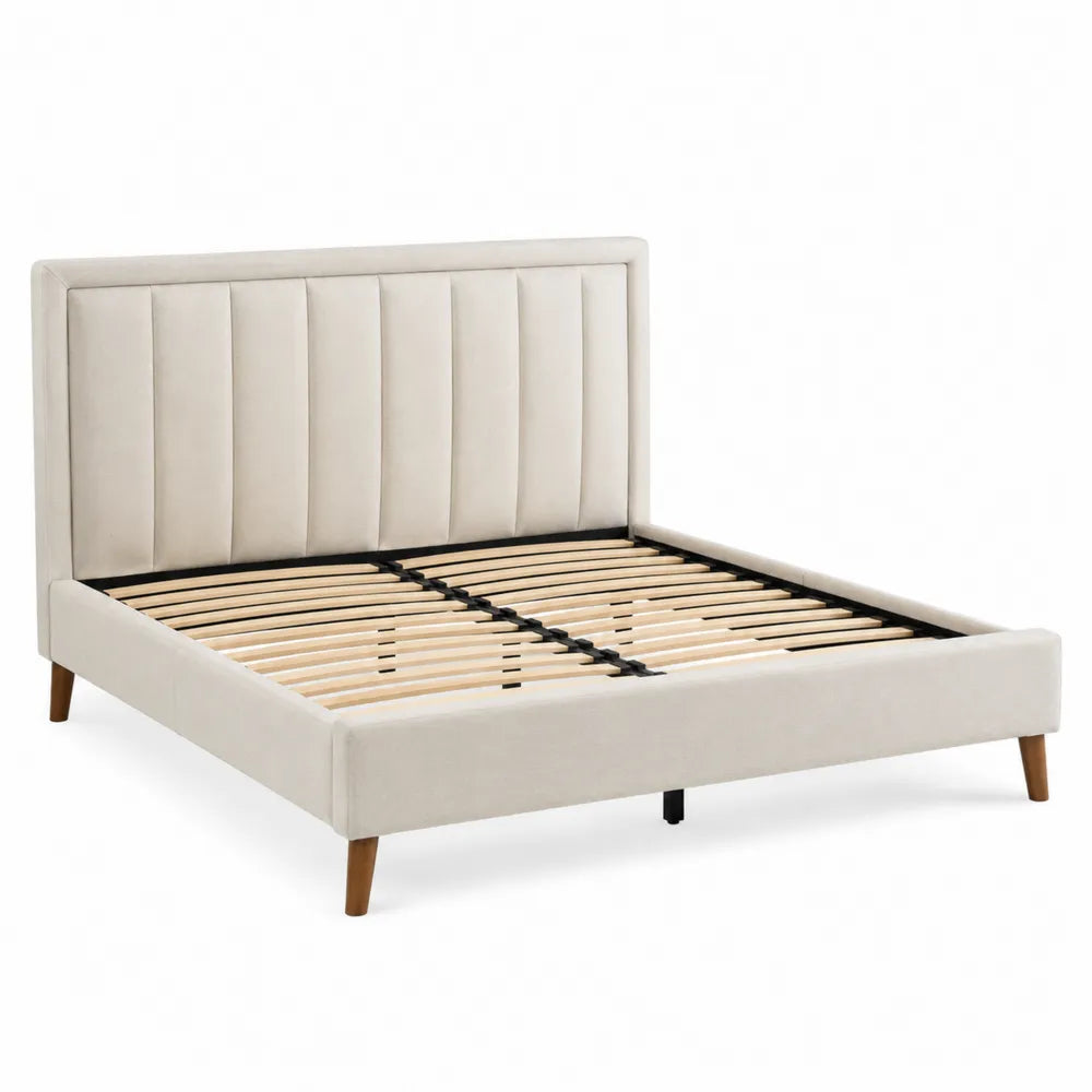 Letto matrimoniale imbottito in tessuto beige con struttura in legno e MDF rete a doghe 160 x 200 x 110 cm con piedini in legno