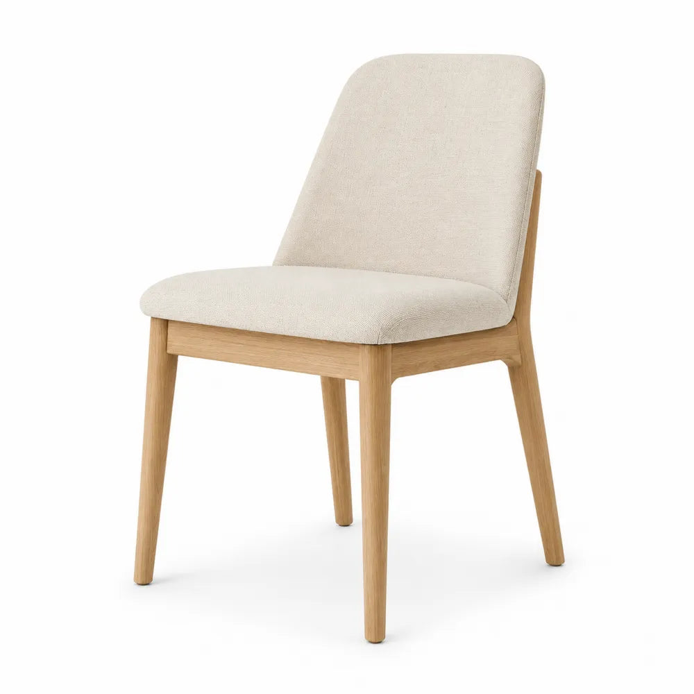 Sedia da pranzo imbottita in tessuto poliestere beige con struttura in legno massello naturale senza braccioli 48 cm x 55 cm x 82 cm