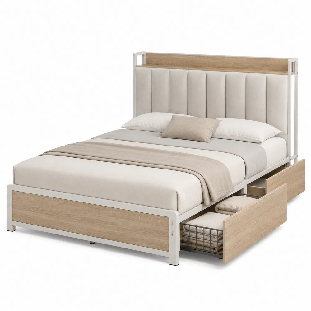 Letto matrimoniale contenitore con cassetti in legno MDF e tessuto beige 160 x 200 x 110 cm con rete a doghe e testiera imbottita