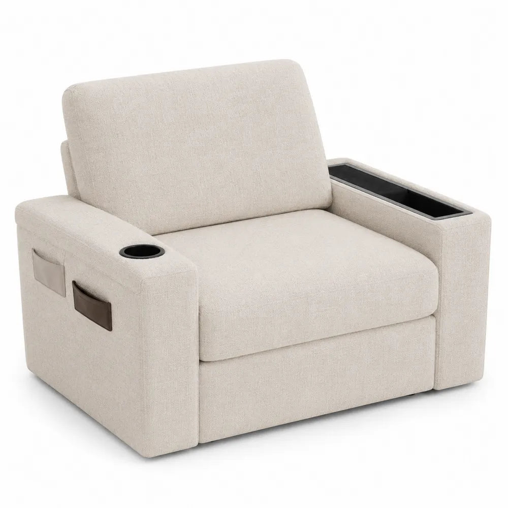Poltrona relax imbottita in tessuto beige con porta bicchiere e vani laterali struttura in legno e metallo 85 cm x 90 cm x 100 cm