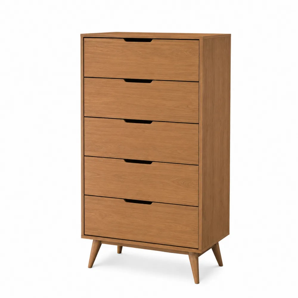 Cassettiera 5 cassetti in MDF effetto rovere naturale con gambe in legno 60 x 40 x 110 cm