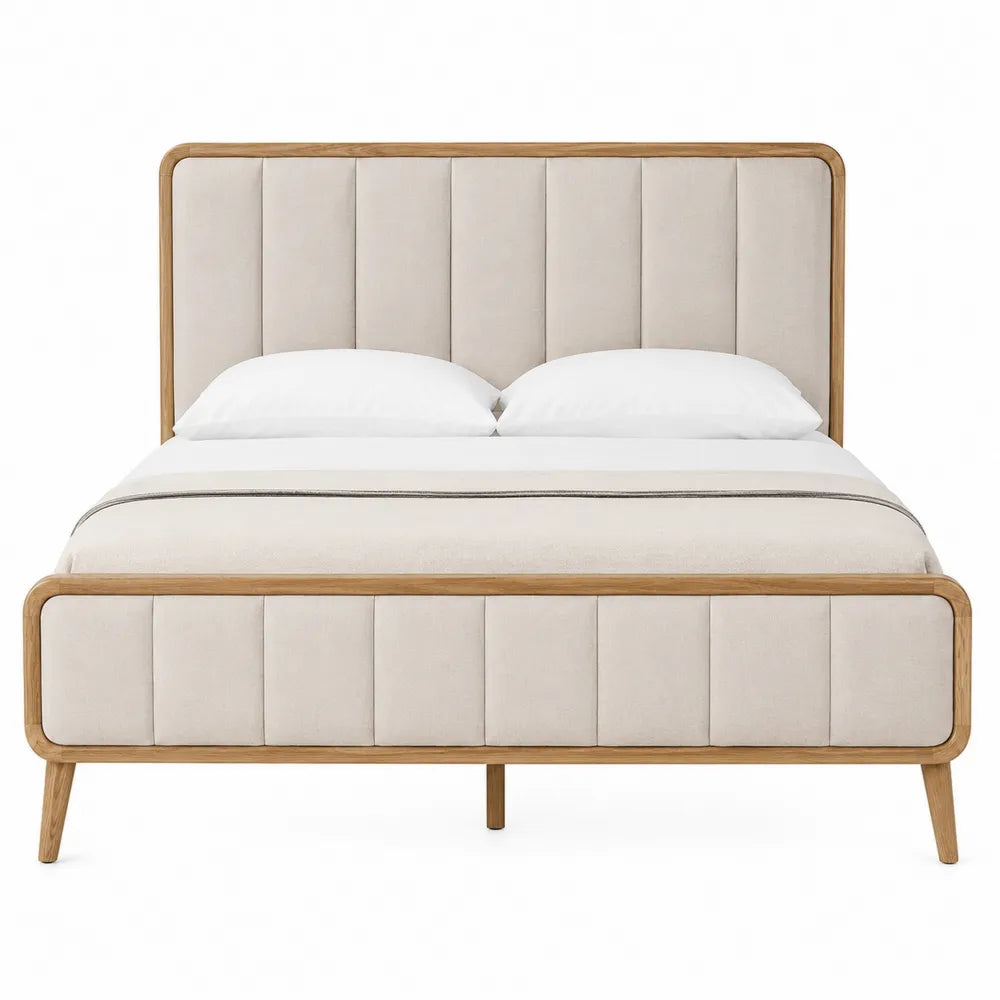 Letto matrimoniale imbottito in tessuto beige e legno naturale con struttura in legno e MDF rete a doghe 160 x 200 x 110 cm