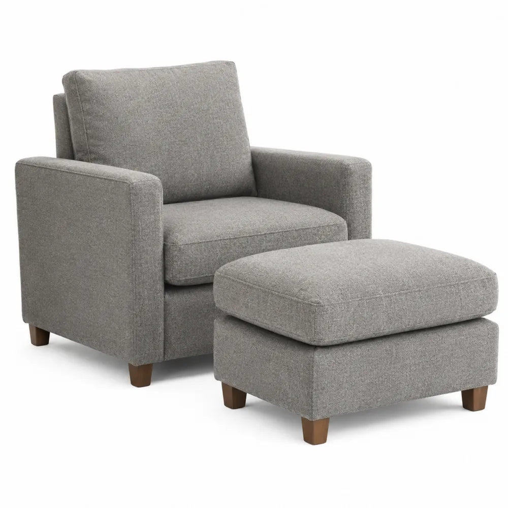 Poltrona imbottita con pouf in tessuto poliestere grigio e legno massello di faggio 80 x 75 x 85 cm e 60 x 50 x 40 cm