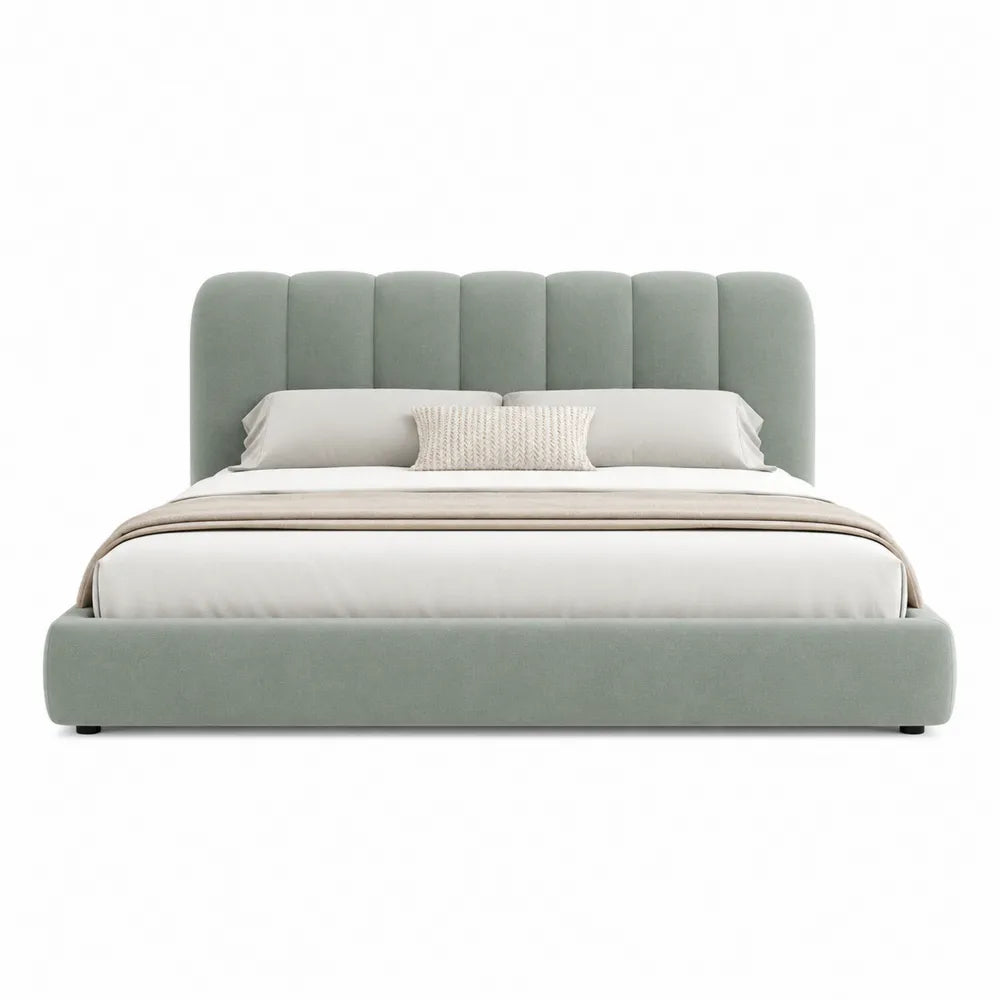 Letto matrimoniale imbottito in tessuto verde salvia con testiera a pannelli struttura in legno e MDF rete a doghe 160 x 200 x 110 cm
