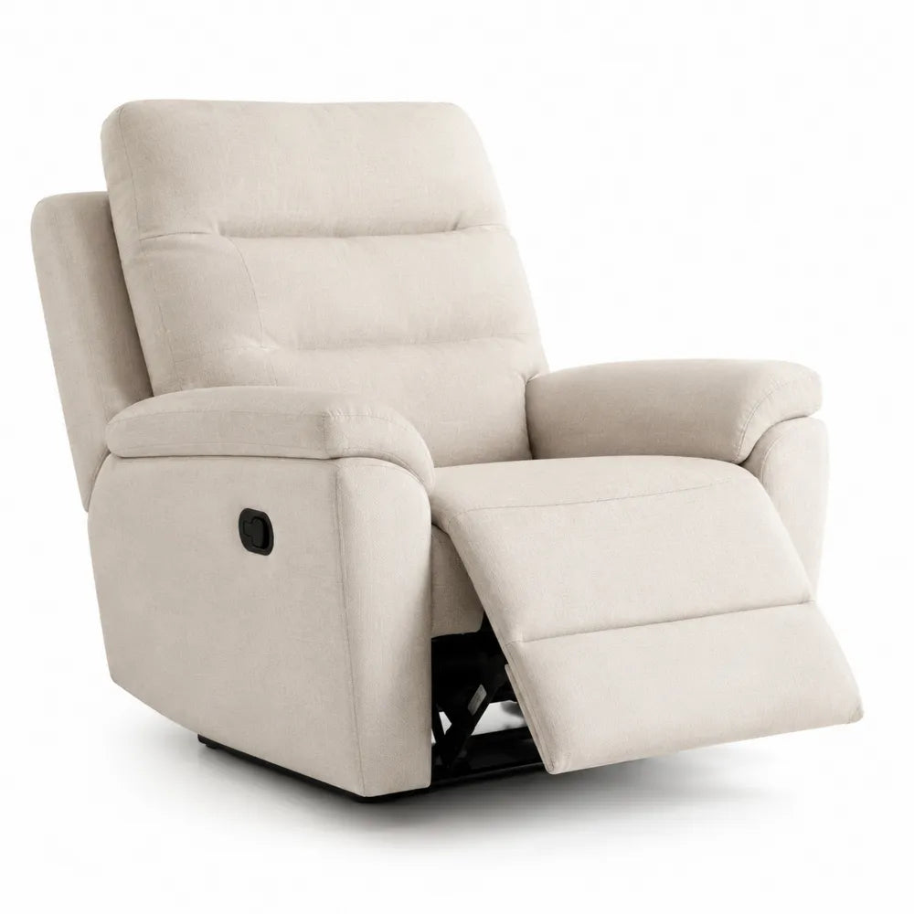 Poltrona relax reclinabile in tessuto beige con poggiapiedi integrato struttura in metallo e legno 85 cm x 90 cm x 100 cm