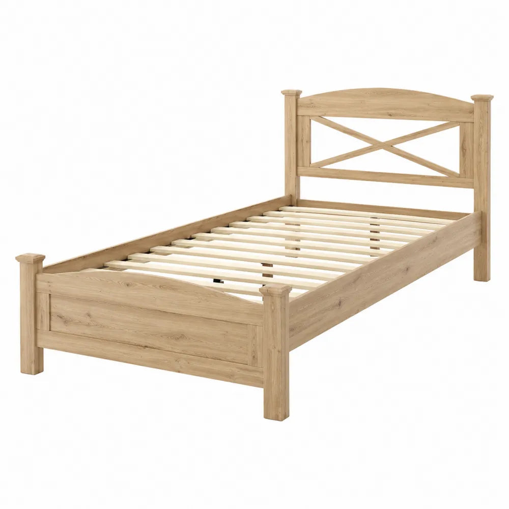 Letto singolo rettangolare in legno di pino 200 x 90 x 100 cm con testiera incrociata colore legno naturale e rete a doghe