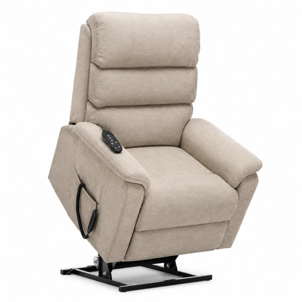 Poltrona relax elettrica reclinabile in tessuto poliestere beige con braccioli poggiapiedi e telecomando cablato 85 cm x 90 cm x 105 cm