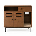 Mobile contenitore cassettiera in MDF effetto noce 100 x 40 x 85 cm con cassetto ante vano aperto cuscino beige e gambe in acciaio nero