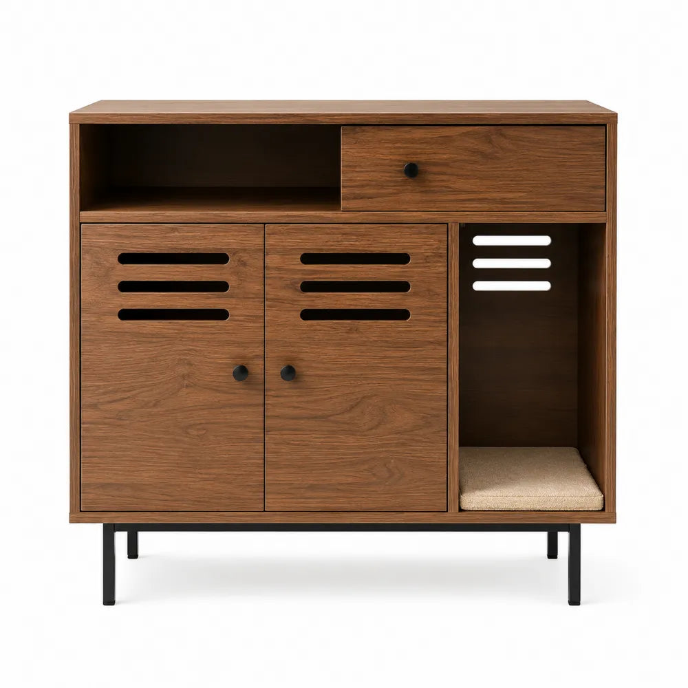 Mobile contenitore cassettiera in MDF effetto noce 100 x 40 x 85 cm con cassetto ante vano aperto cuscino beige e gambe in acciaio nero