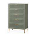 Cassettiera 5 cassetti in MDF verde oliva con gambe in metallo dorato 80 x 40 x 120 cm