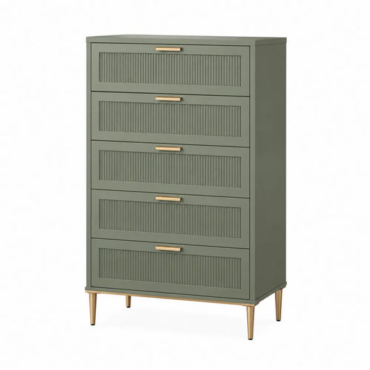 Cassettiera 5 cassetti in MDF verde oliva con gambe in metallo dorato 80 x 40 x 120 cm