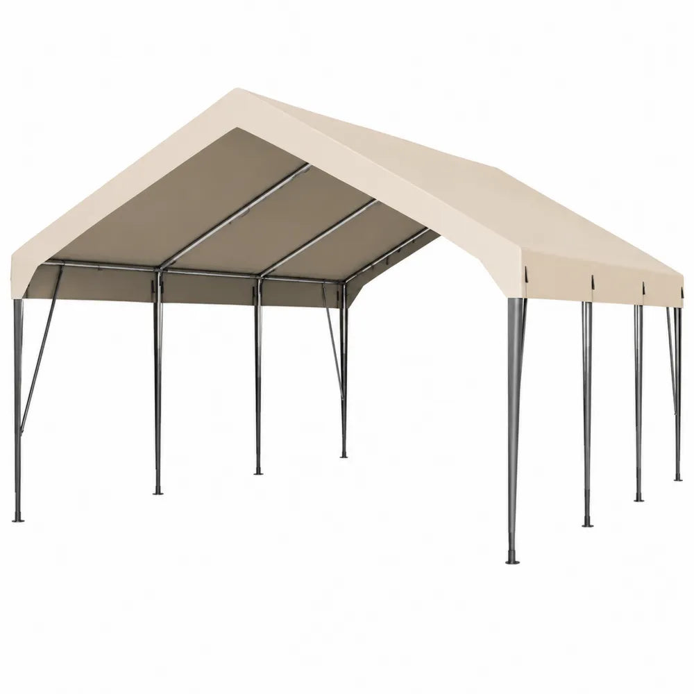 Pensilina da esterno tipo carport con struttura in acciaio nero e copertura in poliestere beige 300 x 600 x 280 cm