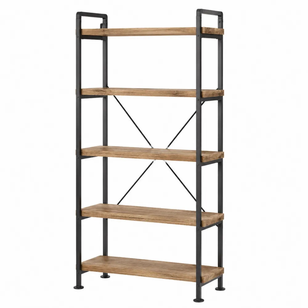Libreria scaffale industriale in metallo nero e legno naturale 5 ripiani struttura in acciaio con rinforzo a croce 80 x 35 x 180 cm