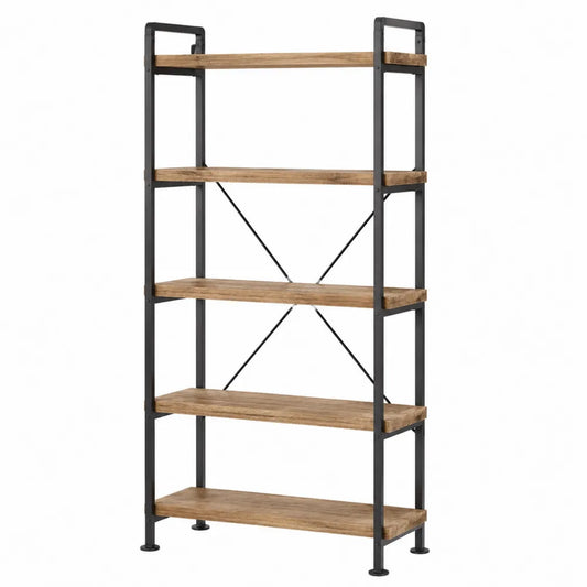 Libreria scaffale industriale in metallo nero e legno naturale 5 ripiani struttura in acciaio con rinforzo a croce 80 x 35 x 180 cm