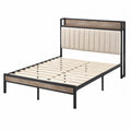 Letto matrimoniale rettangolare in acciaio nero 215 x 170 x 110 cm con testiera imbottita beige pannelli effetto legno e rete a doghe per materasso 160 x 200 cm