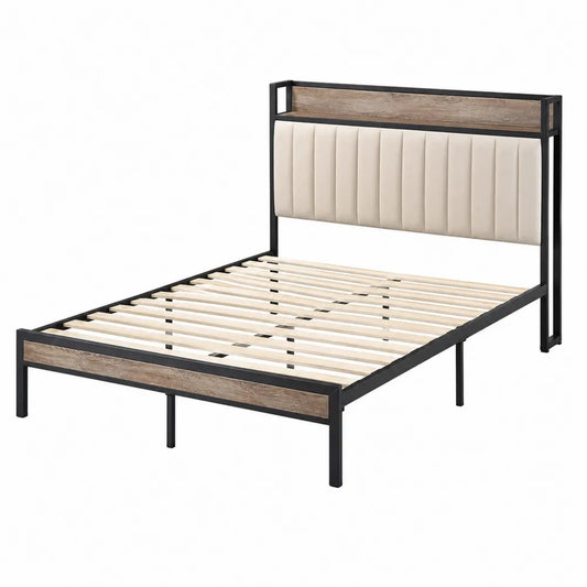 Letto matrimoniale rettangolare in acciaio nero 215 x 170 x 110 cm con testiera imbottita beige pannelli effetto legno e rete a doghe per materasso 160 x 200 cm