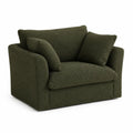 Poltrona imbottita in tessuto bouclé verde scuro con braccioli e struttura in legno 110 cm x 90 cm x 85 cm