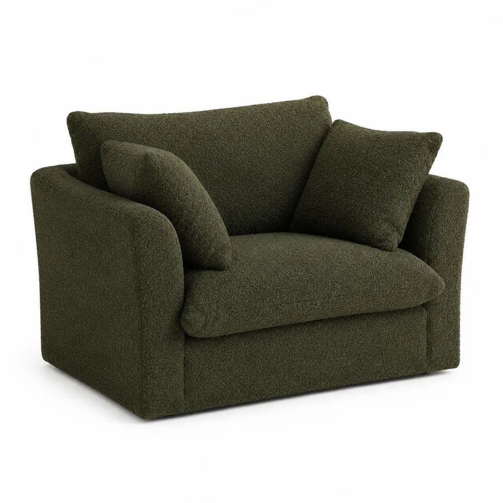 Poltrona imbottita in tessuto bouclé verde scuro con braccioli e struttura in legno 110 cm x 90 cm x 85 cm