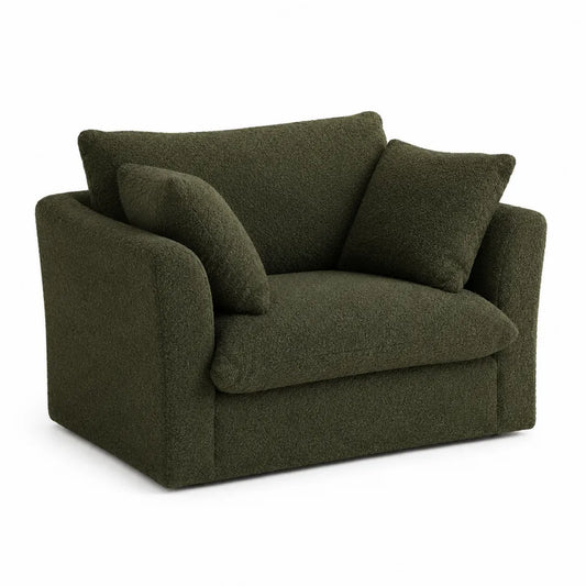 Poltrona imbottita in tessuto bouclé verde scuro con braccioli e struttura in legno 110 cm x 90 cm x 85 cm