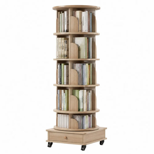 Libreria girevole cilindrica su ruote in MDF effetto rovere chiaro con ripiani multipli e cassetto 60 x 60 x 175 cm