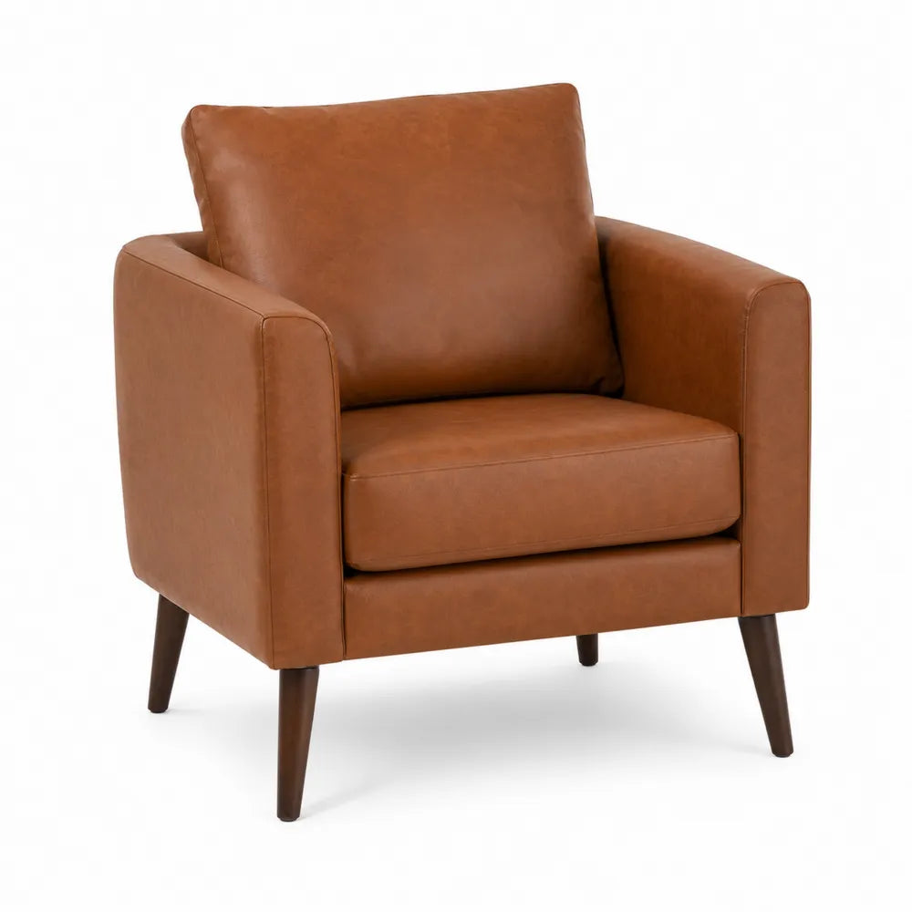 Poltrona imbottita in pelle PU marrone cognac con braccioli integrati cuscino schienale e gambe in legno 75 cm x 78 cm x 85 cm