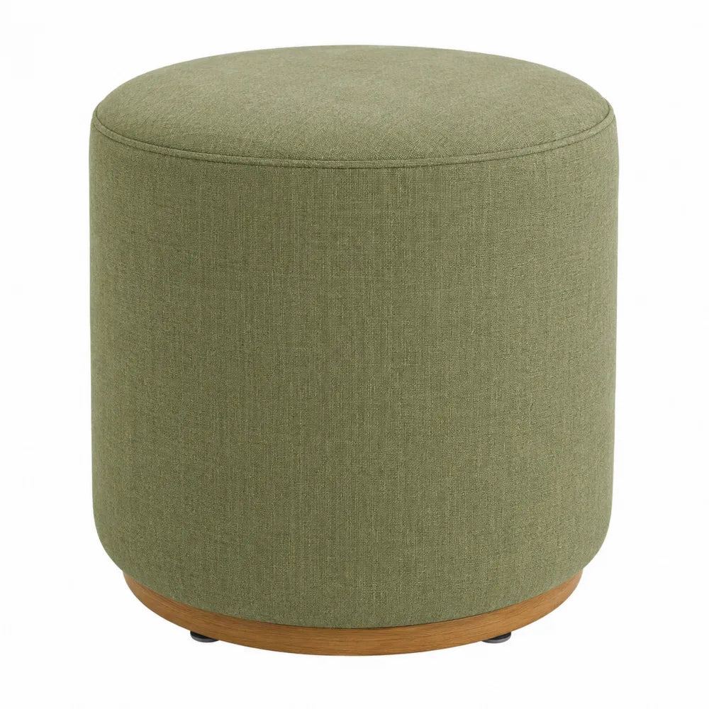 Pouf poggiapiedi rotondo in tessuto poliestere verde oliva con base effetto legno diametro 45 cm altezza 45 cm