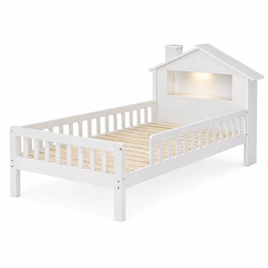 Letto per bambini a casetta in legno di pino e MDF bianco con rete a doghe 90 x 200 cm con testiera con mensola e luce integrata