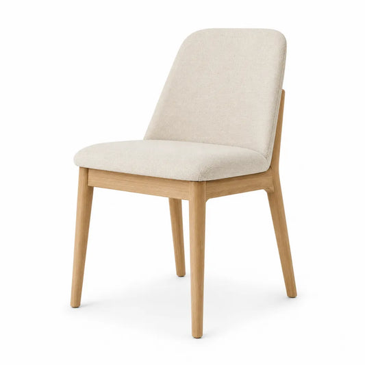 Sedia da pranzo imbottita in tessuto poliestere beige con struttura in legno massello naturale senza braccioli 48 cm x 55 cm x 82 cm
