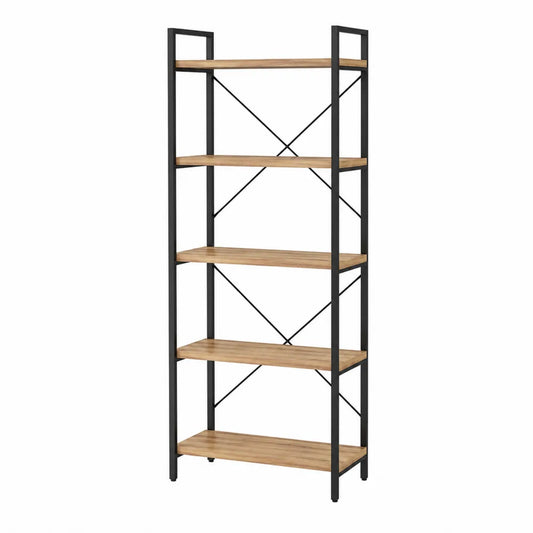Libreria scaffale industriale in metallo nero e legno naturale 5 ripiani struttura con rinforzo a croce 80 x 35 x 180 cm
