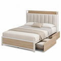 Letto matrimoniale contenitore con cassetti in legno MDF e tessuto beige 160 x 200 x 110 cm con rete a doghe e testiera imbottita