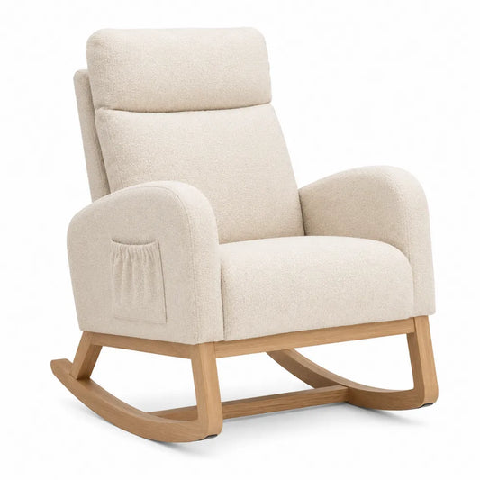 Poltrona a dondolo imbottita in tessuto bouclé beige chiaro con braccioli tasca laterale e base curva in legno naturale 85 cm x 80 cm x 95 cm