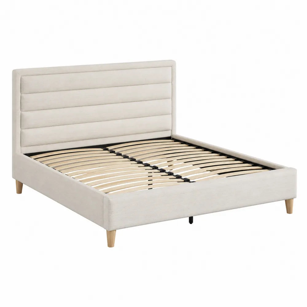 Letto matrimoniale rettangolare imbottito 215 x 170 x 110 cm per materasso 160 x 200 cm con testiera a pannelli orizzontali in tessuto di poliestere beige chiaro e rete a doghe