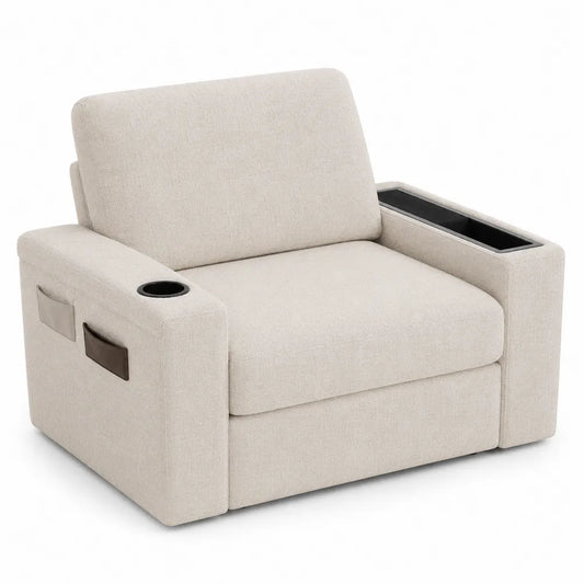 Poltrona relax imbottita in tessuto beige con porta bicchiere e vani laterali struttura in legno e metallo 85 cm x 90 cm x 100 cm