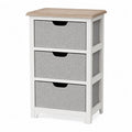 Cassettiera 3 cassetti in MDF bianco con contenitori in tessuto grigio e piano effetto legno naturale 45 x 30 x 60 cm