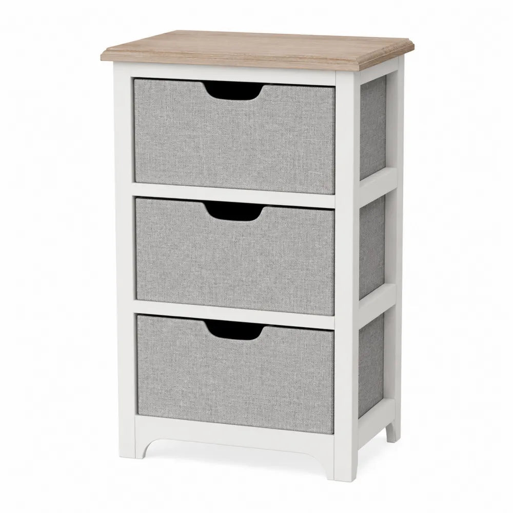 Cassettiera 3 cassetti in MDF bianco con contenitori in tessuto grigio e piano effetto legno naturale 45 x 30 x 60 cm