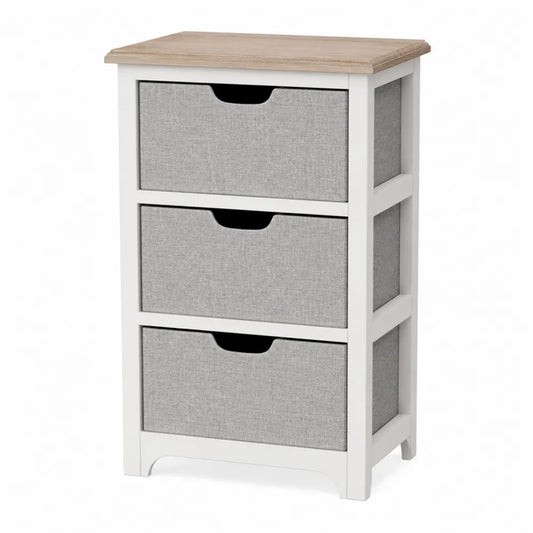 Cassettiera 3 cassetti in MDF bianco con contenitori in tessuto grigio e piano effetto legno naturale 45 x 30 x 60 cm