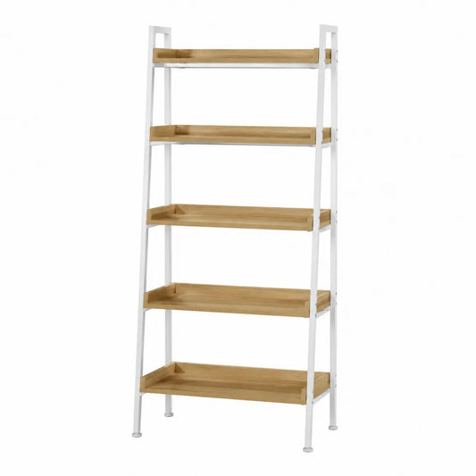 Libreria a scala in metallo bianco e legno naturale 5 ripiani 70 x 35 x 180 cm struttura inclinata