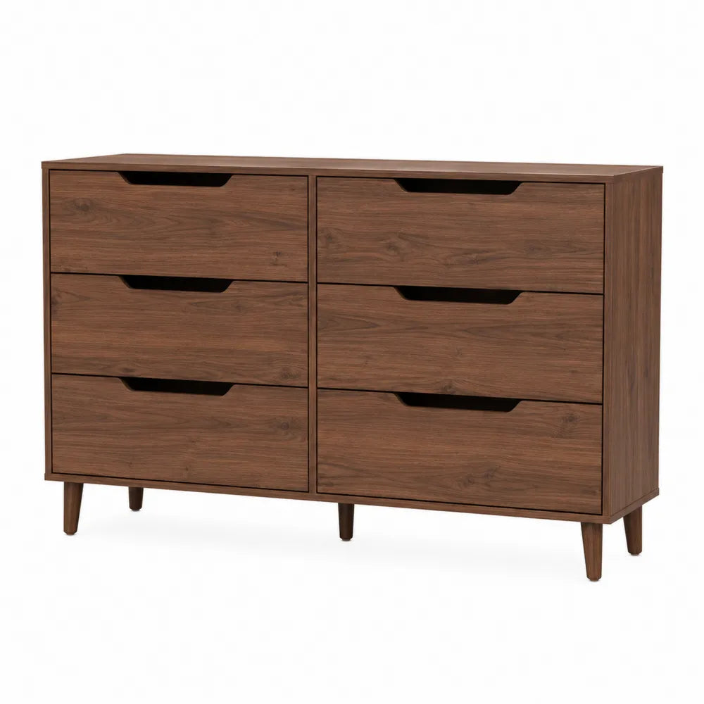 Cassettiera rettangolare a 6 cassetti in MDF effetto noce scuro 120 x 40 x 78 cm con apertura a incavo e gambe inclinate