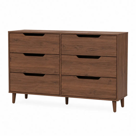 Cassettiera rettangolare a 6 cassetti in MDF effetto noce scuro 120 x 40 x 78 cm con apertura a incavo e gambe inclinate