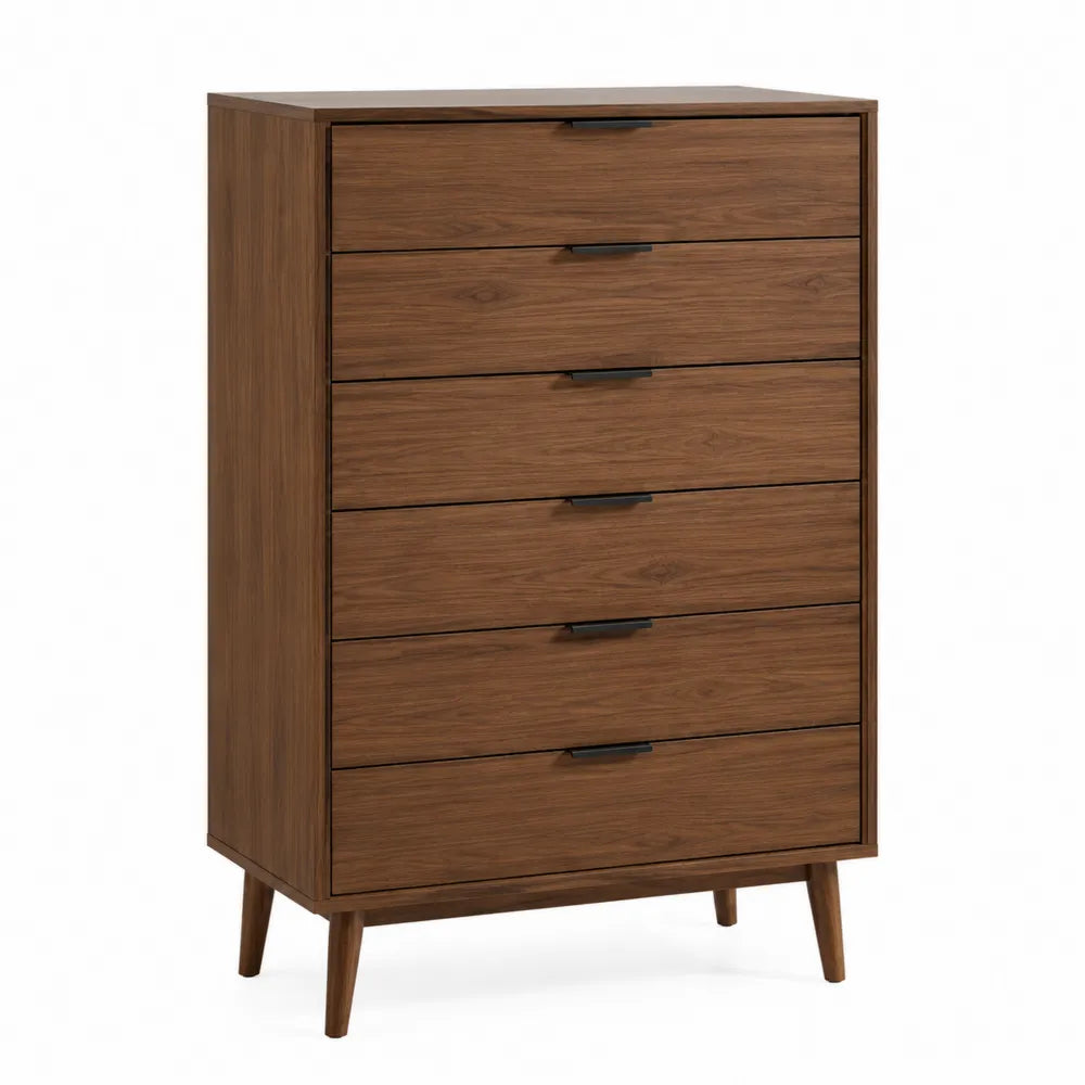 Cassettiera alta rettangolare 5 cassetti in pannello effetto noce con gambe in legno e maniglie nere 80 x 40 x 120 cm