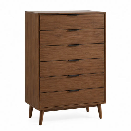 Cassettiera alta rettangolare 5 cassetti in pannello effetto noce con gambe in legno e maniglie nere 80 x 40 x 120 cm