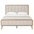 Letto matrimoniale imbottito in tessuto beige e legno naturale con struttura in legno e MDF rete a doghe 160 x 200 x 110 cm