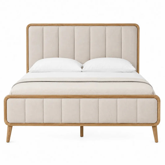 Letto matrimoniale imbottito in tessuto beige e legno naturale con struttura in legno e MDF rete a doghe 160 x 200 x 110 cm