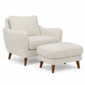 Poltrona con pouf in tessuto bouclé beige con struttura in legno massiccio e imbottitura 80 cm x 78 cm x 85 cm