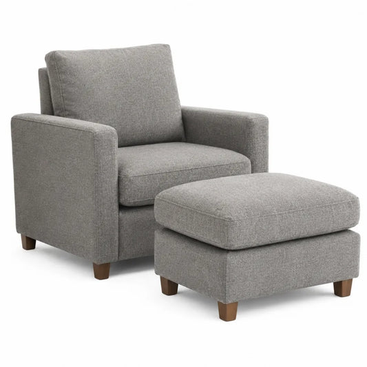 Poltrona imbottita con pouf in tessuto poliestere grigio e legno massello di faggio 80 x 75 x 85 cm e 60 x 50 x 40 cm