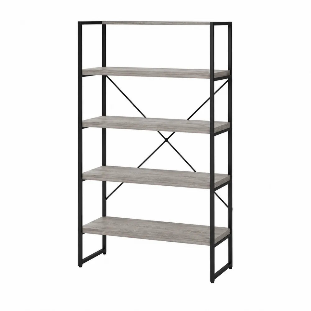 Scaffale libreria a giorno rettangolare in acciaio verniciato nero e truciolare effetto legno grigio 5 ripiani 80 x 30 x 160 cm