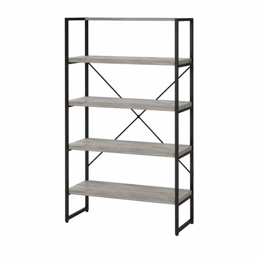 Scaffale libreria a giorno rettangolare in acciaio verniciato nero e truciolare effetto legno grigio 5 ripiani 80 x 30 x 160 cm